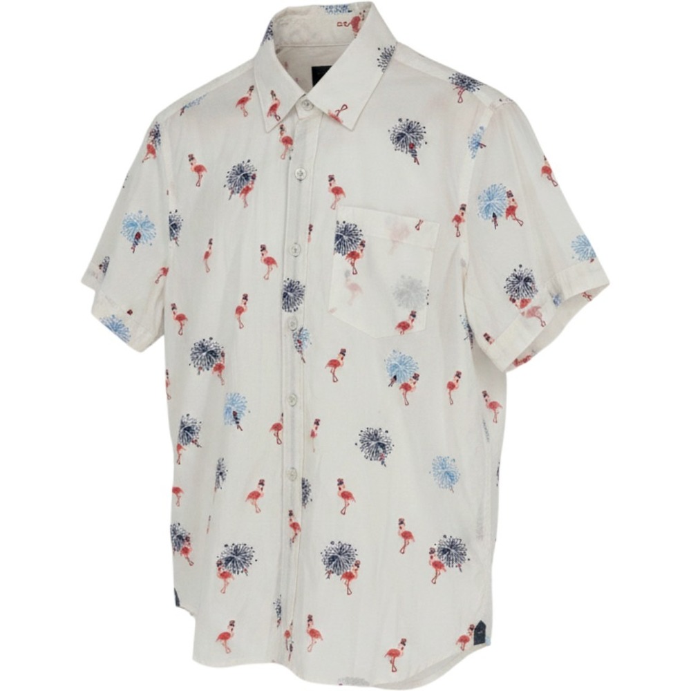 Nickel & Iron Mens Small‎ Shirt Flamingo Fireworks Patriotic White Casual NWT